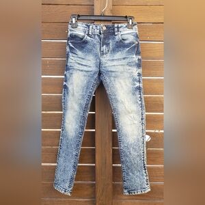 Blue Skinny Jeans with Distressed Details and Whiskering
